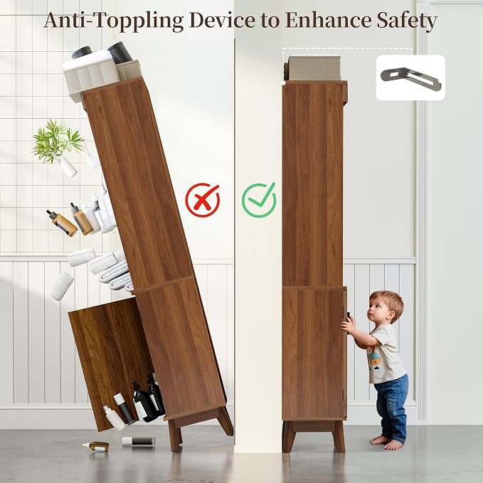 Bifins 68" Tall Walnut Bathroom Storage Cabinet,15.7" Width | Narrow,Fluted Door,Adjustable Shelf,5 Tier,Next to Toilet,Next to TV Stand,Laundry Storage,Space Saving,Tower Storage