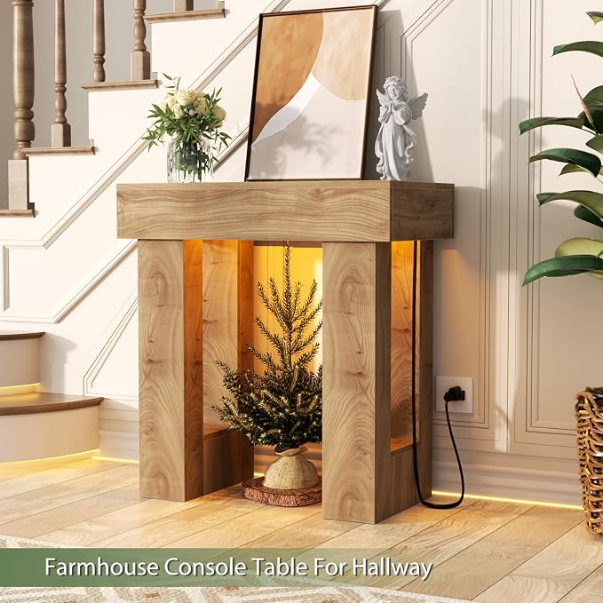 Unikito 32" Entry Table with Sensor Light and Power Outlets, Natural Oak