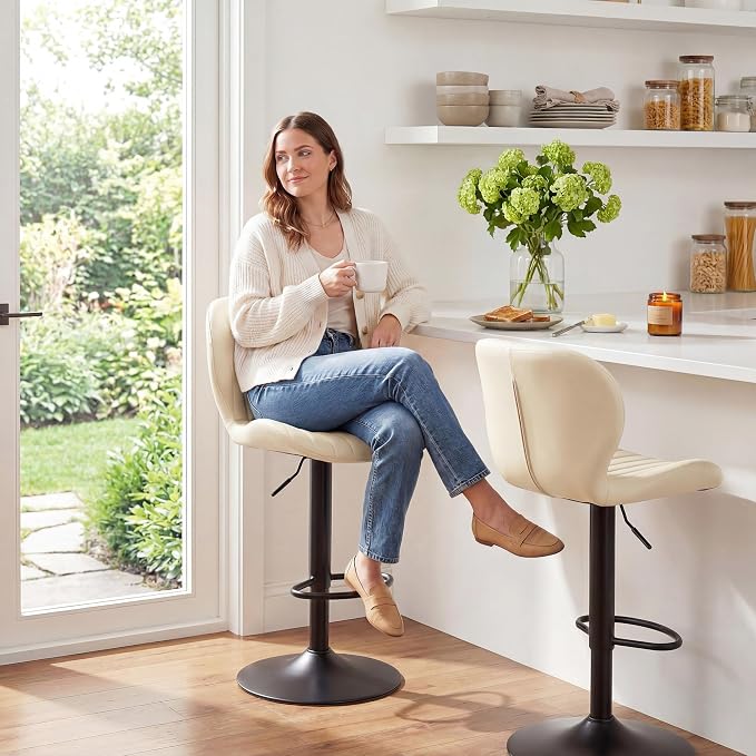 GRUSIGN Bar Stools Set of 2, Modern Swivel Adjustable Bar Chairs, Faux Leather Upholstered Counter Height Bar Stools with Backrest, Comfort Barstools for Kitchen Island, Home Bar, Beige