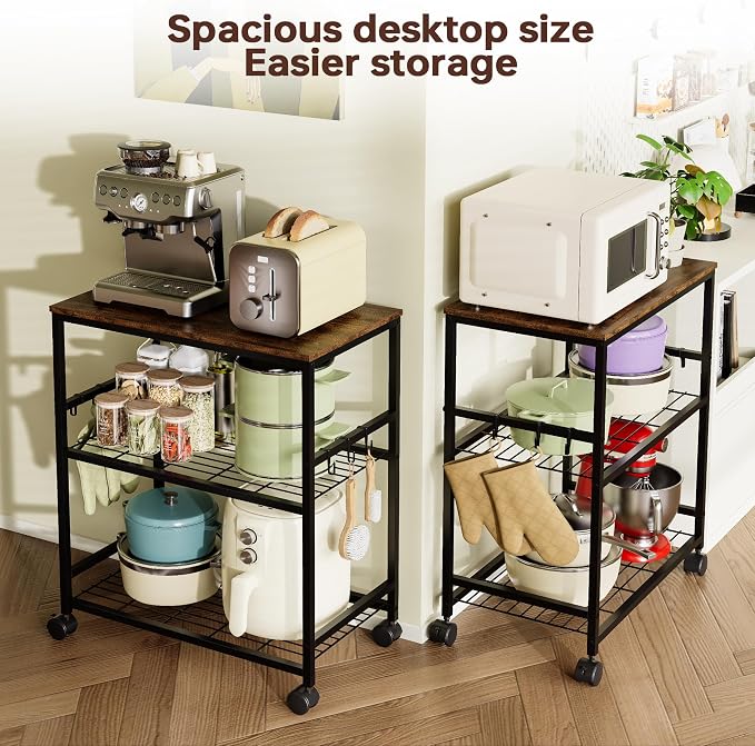 itchen Rolling Cart, 3-Tier Microwave Stand with Lockable Wheels, One-Piece Shelf, Kitchen Utility Storage Cart for Coffee Bar,Apartment, Dorm, Laundry Room, Office, 23.6" x 15.7" x 27.6", Brown
