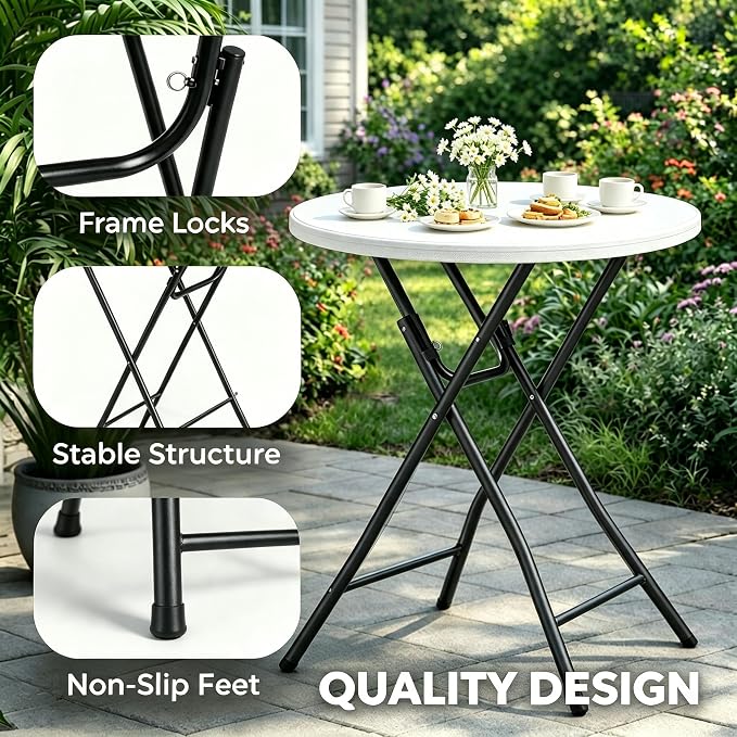 Folding Height Cocktail Table with Metal Legs 32'' Round Top for Small Spaces Bar Wedding Party Indoor Outdoor Use, White