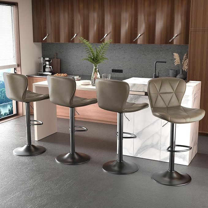 Nalupatio Modern Bar Stools Set of 4, Adjustable Faux Leather Upholstered Swivel Bar Stools, Counter Height Bar Chairs with Back for Kitchen Island, Dark Khaki