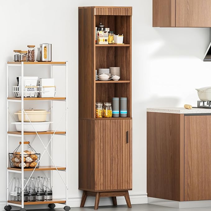 Bifins 68" Tall Walnut Bathroom Storage Cabinet,15.7" Width | Narrow,Fluted Door,Adjustable Shelf,5 Tier,Next to Toilet,Next to TV Stand,Laundry Storage,Space Saving,Tower Storage