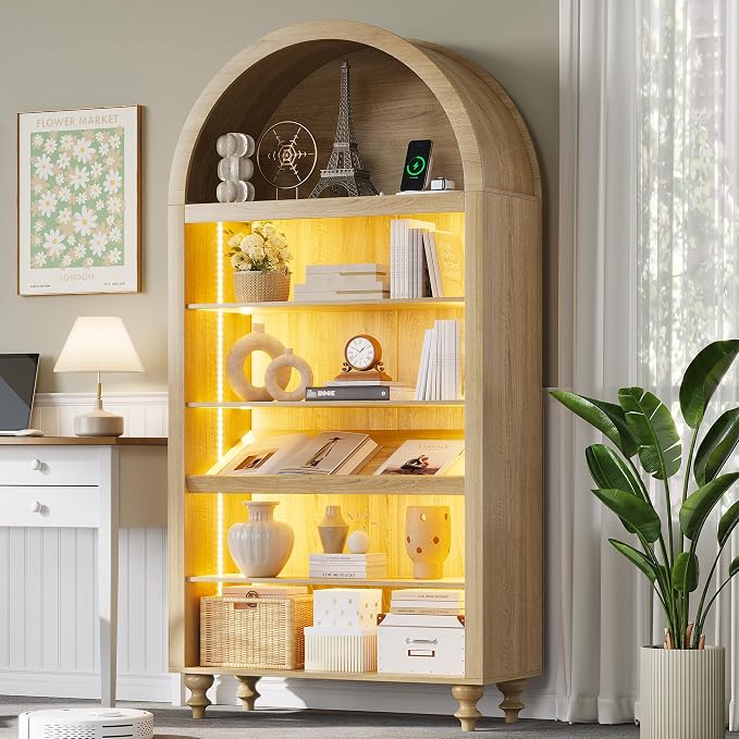 71" Tall Arch Bookcase, Modern Arched Storage Cabinet with Sensor LED Lights, 6-Tier Bookshelf with 2 Adjustable Shelves, Wood Display Cabinet for Living Room, Home Office (Natural Oak)