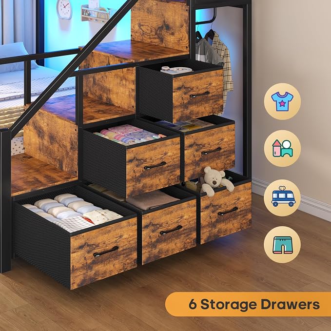 BTHFST Bunk Bed Full Over Full with Stairs, Storage Drawers and LED Lights