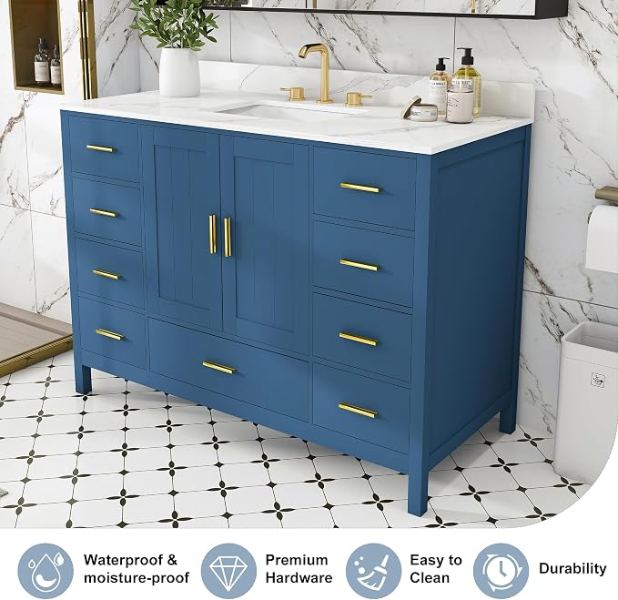 Montary 48" Bathroom Vanity with Sink & 49" Carrara Quartz Top | with 3 Pre-Drilled Faucet Holes, Solid Wood Cabinet, Soft-Close Double Doors & 9 Smooth-Glide Drawers,Blue
