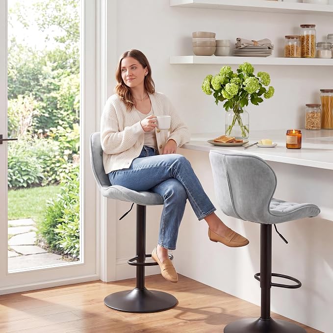 GRUSIGN Bar Stools Set of 4, Modern Swivel Adjustable Bar Chairs, Chenille Fabric Upholstered Counter Height Bar Stools with Backrest, Comfort Barstools for Kitchen Island, Home Bar, Grey