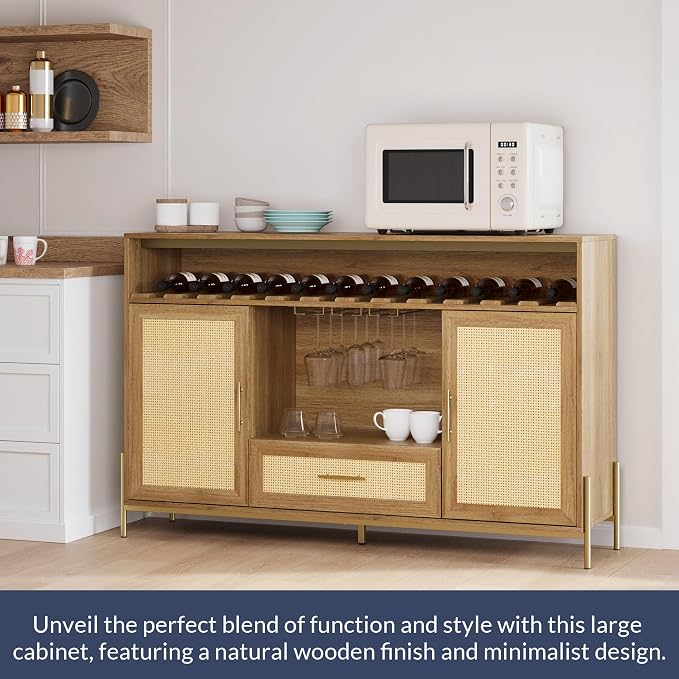 BELLEZE Coffee Bar Cabinet, 55" Rattan Liquor Cabinet, Boho Farmhouse Sideboard Buffet Cabinet with Storage, Accent Bar Cabinet for Living Room, Dining Room, and Entryway - Marcel (Camel)