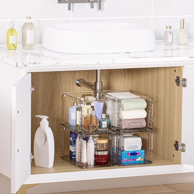Vtopmart 2 Pack Large Stackable Storage Drawers, Clear | Easily Assemble Acrylic, Bathroom Closet Undersink Organizers, Plastic Bins for Kitchen Cabinets, Pantry, Makeup, Medicine