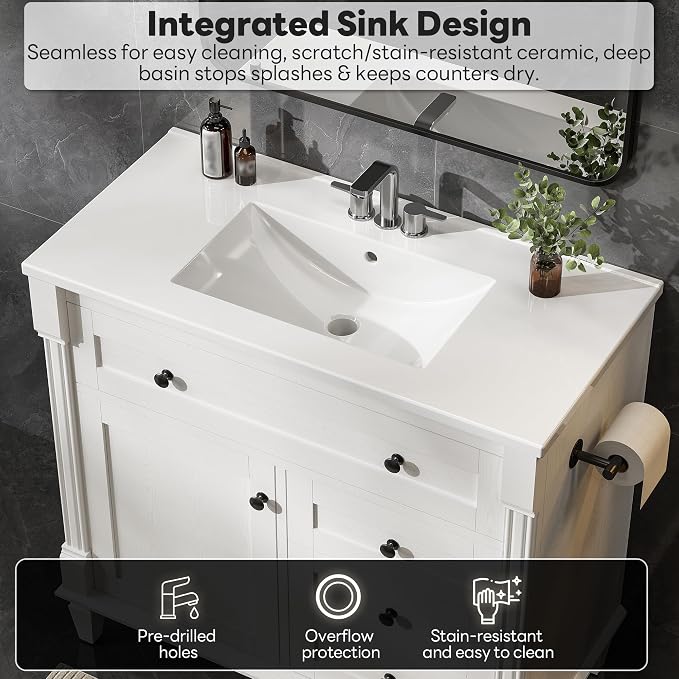 LIKIMIO 36 Inch Bathroom Vanity with Sink, Adjustable Solid Wood Legs | Modern Bathroom Storage Cabinet with Towel Holder, Tip-Out Drawer, 2 Drawers & Adjustable Shelf, Nature