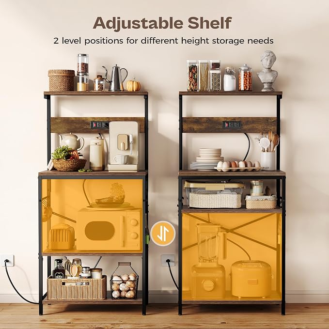 SUPERJARE Kitchen Bakers Rack with Power Outlet, Coffee Bar Table 4 Tiers, Kitchen Microwave Stand with 6 S-shaped Hooks, Storage Shelf Rack for Spices, Pots and Pans - Rustic Brown