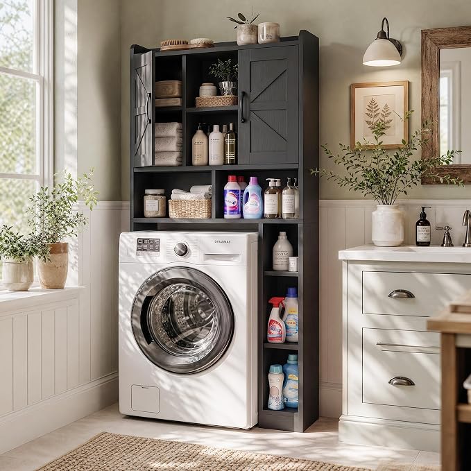 Farmhouse Over The Toilet Storage Cabinet with Barn Door, Reversible Side | 7-Tier Bathroom Organizer, Adjustable Shelves Bottom Bar, Detachable Paper Holder, Anti-Tipping, Laundry Room, Black