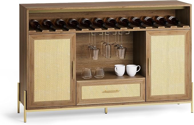 BELLEZE Coffee Bar Cabinet, 55" Rattan Liquor Cabinet, Boho Farmhouse Sideboard Buffet Cabinet with Storage, Accent Bar Cabinet for Living Room, Dining Room, and Entryway - Marcel (Camel)