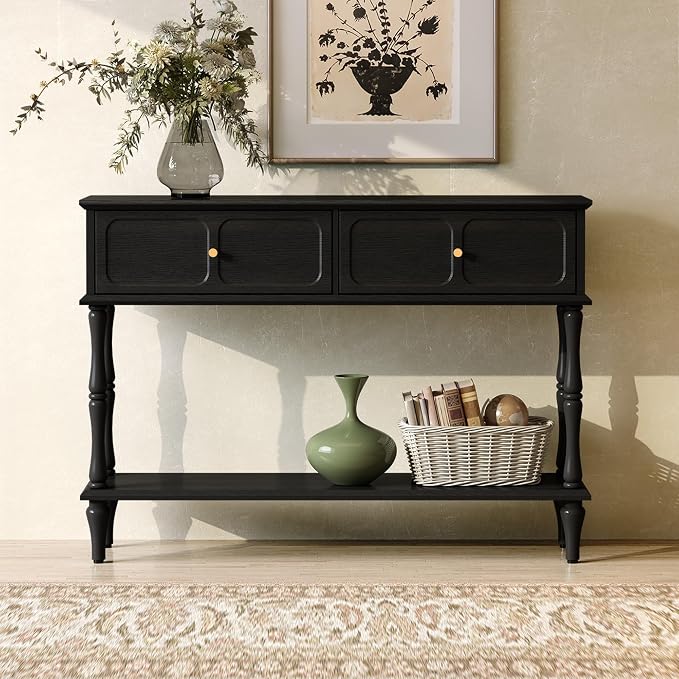 ARTPOWER 47" Mid-Century Console Table, 2 Drawers and Open Shelf, Black