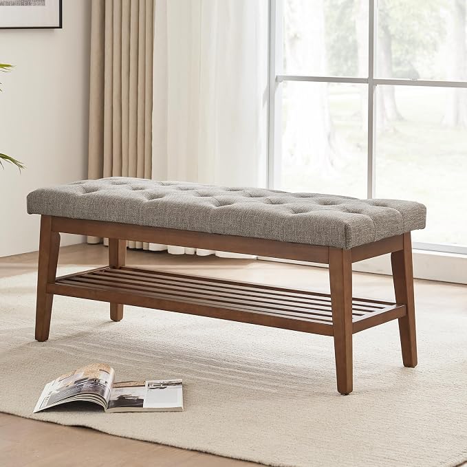 HUIMO Upholstered Entryway Shoe Bench, Button Tufted End of Bed Bench,Brown