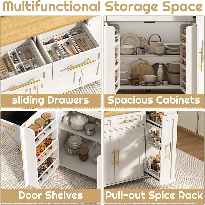 St.Mandyu 69" Large Kitchen Island on Wheels, Kitchen Rolling Island Cart with Trash Storage Cabinet, Power Outlet, 3-Tier Pull-Out Storage Trays, Drop Leaf, Mobile Island Table for Kitchen, White