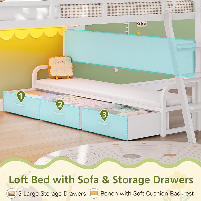 Dnxao Low Loft Bed Full Size with Desk and 9 Storage Drawers, White