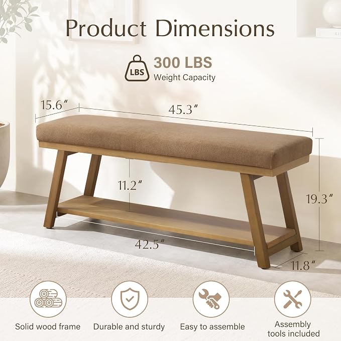 Zihanhome 45" Entryway Bench Upholstered Storage Bench for Bedroom(Brown)
