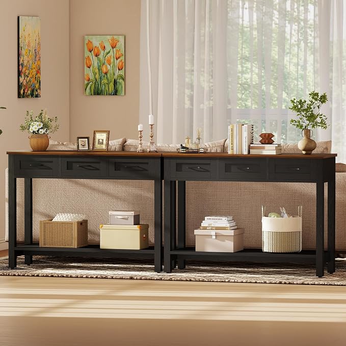 YOSHOOT 45" Farmhouse Entryway Console Table, Desk Behind the Couch with 3 Drawers and 2-Tier Shelves, Narrow Sofa Table for Hallway, Bedroom, Living Room, Black Brown
