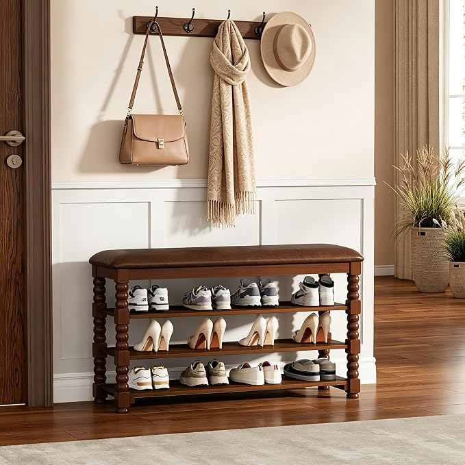 Homleke 39.4" Wide Solid Wood Shoe Rack Bench with Classic Turned Ball Legs