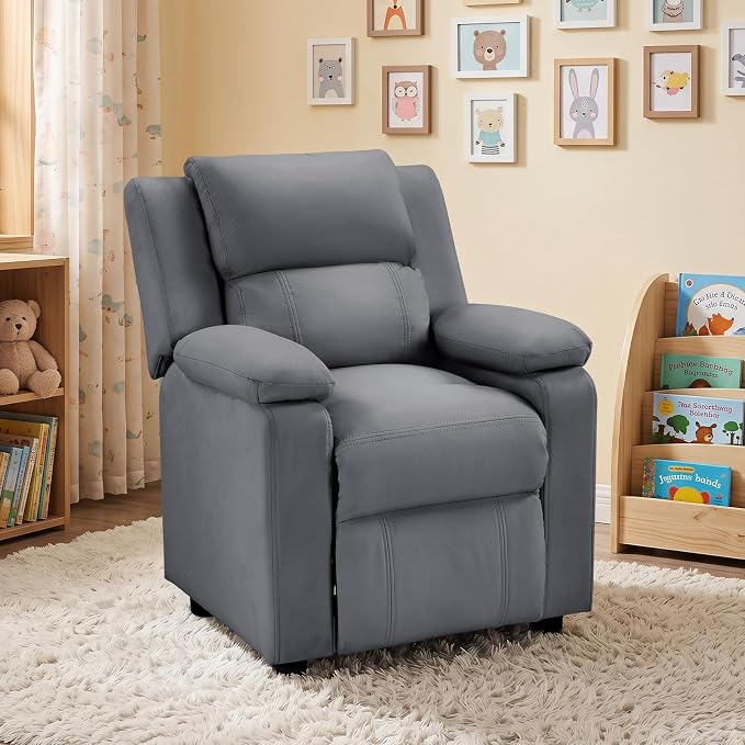 CANMOV Kids Push Back Recliner Chair, Gray Faux Leather Toddler Sofa.