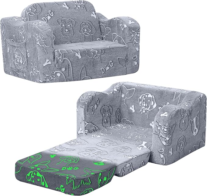 MeMoreCool Kids Couch, Glow Dark Dog Fold Out Sofa Chair, Foam, Washable