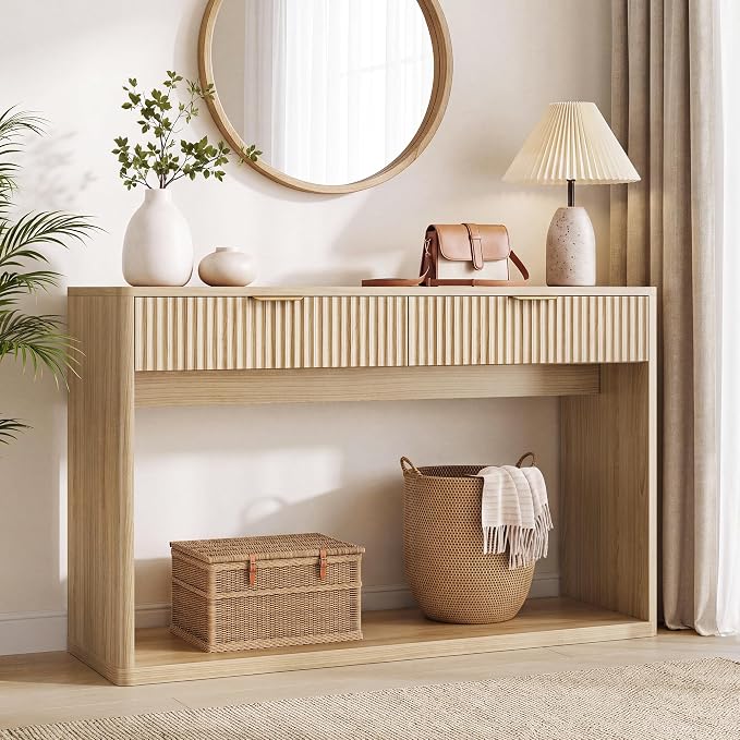 IRONCK 47" Fluted Console Table for Entryway with 2 Large Drawers, Oak