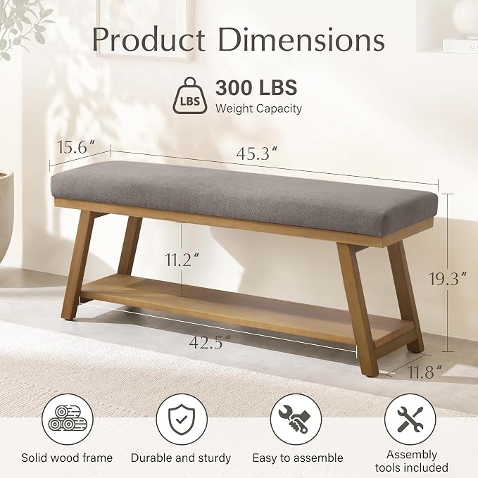 Zihanhome 45" Entryway Bench Upholstered Storage Bench for Bedroom(Grey)