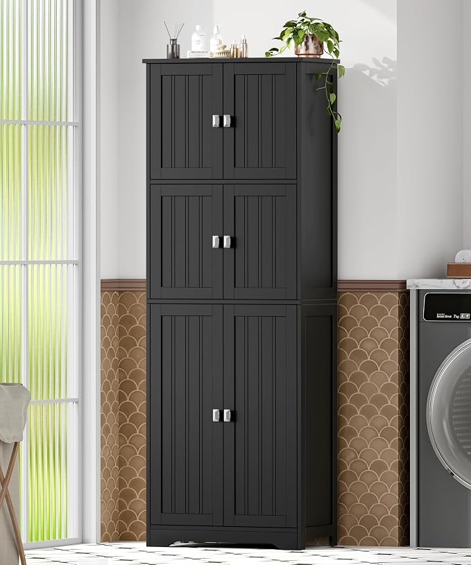 Tall Bathroom Storage Cabinet, 63" H Linen Floor Cabinet | Pantry Storage Cabinet with 6 Doors and Adjustable Shelves, for Bathroom, Living Room, Laundry Room, Kitchen, Black