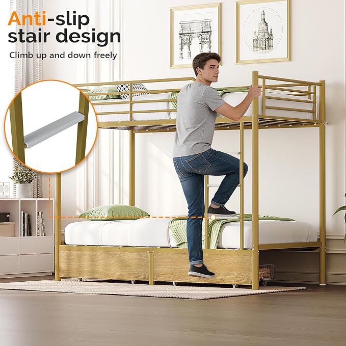 Bonnlo Metal Bunk Bed Frame Twin Over Twin with 2 Drawers, LED Lights, Safety Guardrail & Ladder, Charging Station, for Kids, Teens & Adults, Space-Saving, No Box Spring Needed, Gold