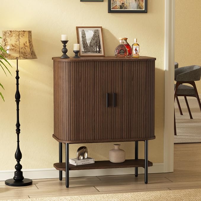 Coffee Bar Cabinet with Storage, Fluted Wine Cabinet with Sliding Doors