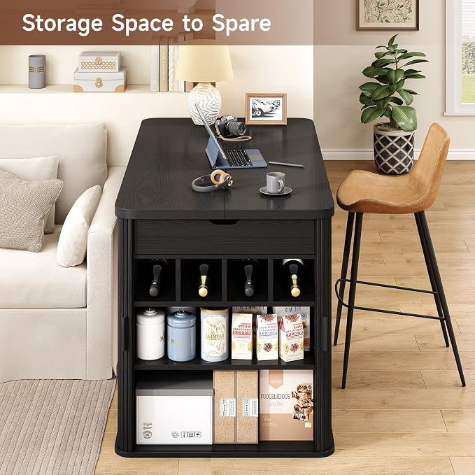 ONBRILL 61 Inch Fluted Kitchen Island with Storage Black