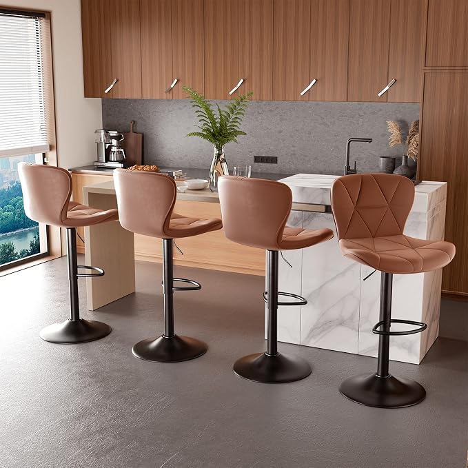Nalupatio Modern Bar Stools Set of 3, Adjustable Faux Leather Upholstered Swivel Bar Stools, Counter Height Bar Chairs with Back for Kitchen Island, Rust