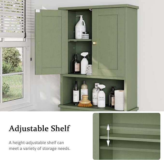 Over the Toilet Storage Cabinet, Bathroom Storage Organizer Over Toilet, Space Saver W/Adjustable Shelf & Open Shelf, Green
