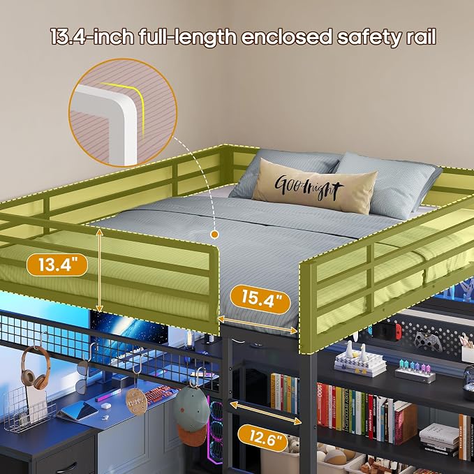 ADORNEVE Gaming Loft Bed Full Size with Desk, Arcylic RGB Hutch, Black