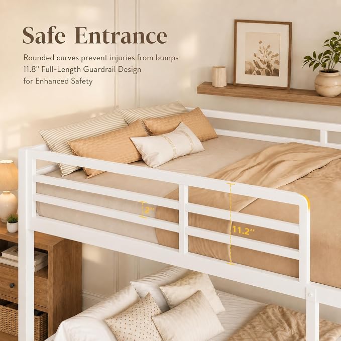 Feonase Metal Bunk Bed Full Over Full with Ladder and High Guardrail, Heavy-Duty Metal Slats Support, Noise Free, No Box Spring Needed, for Kids and Juniors, White