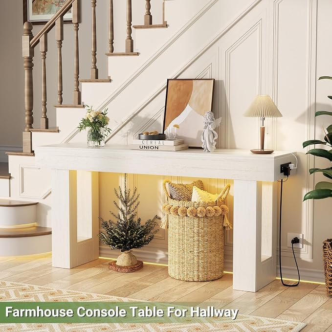 Unikito 63" Console Table with Sensor Light and Oulets, Rustic White