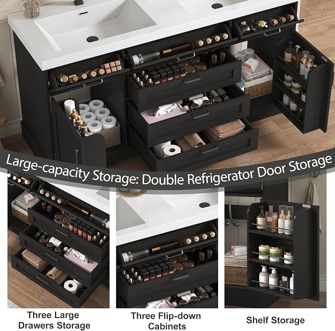 59" Bathroom Vanities Cabinet with Double Sink Combo,Modern Undermount Vanity Sink Cabinet with 2 Storage Doors and 3 Drawers,High Freestanding Bathroom Storage Cabinet with 3 Flip-top Drawers(Black)