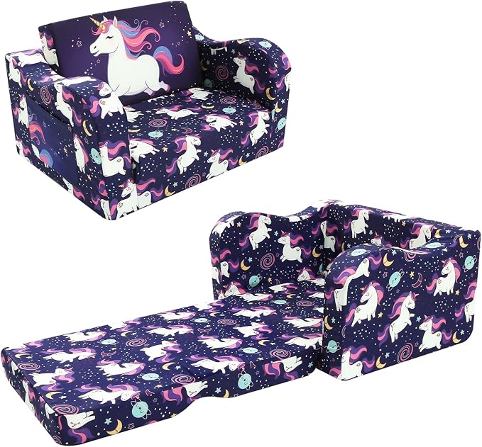 MeMoreCool Kids Couch, Purple Unicorn Fold Out Sofa, Side Pocket, Washable