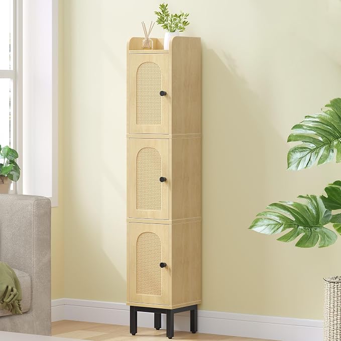 Hzuaneri Slim Bathroom Storage Cabinet, Narrow Bathroom Organizers,3 Doors | Narrow Storage Cabinet with 4 Adjustable Feet, Laundry Room Organization for Small Space, Kitchen,Living Room,Rattan Yellow