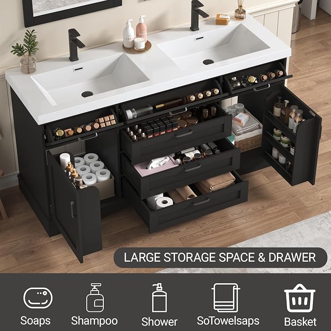 59" Bathroom Vanities Cabinet with Double Sink Combo,Modern Undermount Vanity Sink Cabinet with 2 Storage Doors and 3 Drawers,High Freestanding Bathroom Storage Cabinet with 3 Flip-top Drawers(Black)