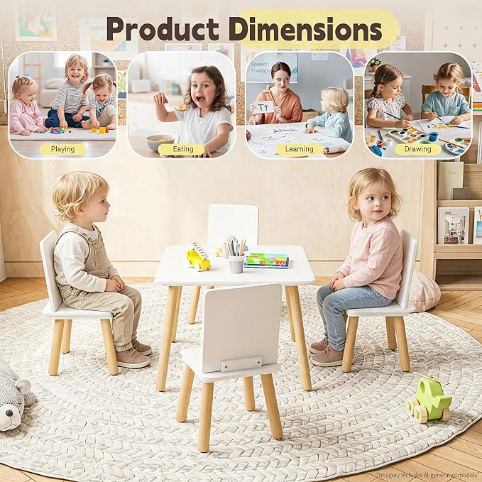 Kids Table and Chairs Set, 5 Pieces Toddler Table and Chair Set, Kids' Table & 4 Chair Sets, Kid Play Table for Daycare, Classroom, Home (White)