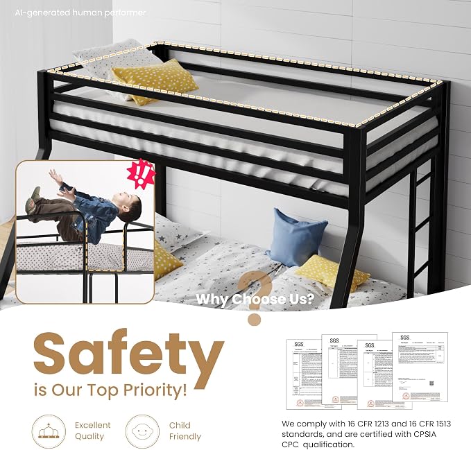 SHA CERLIN Bunk Bed Twin Over Full Size with Ladder and Guardrail,Black