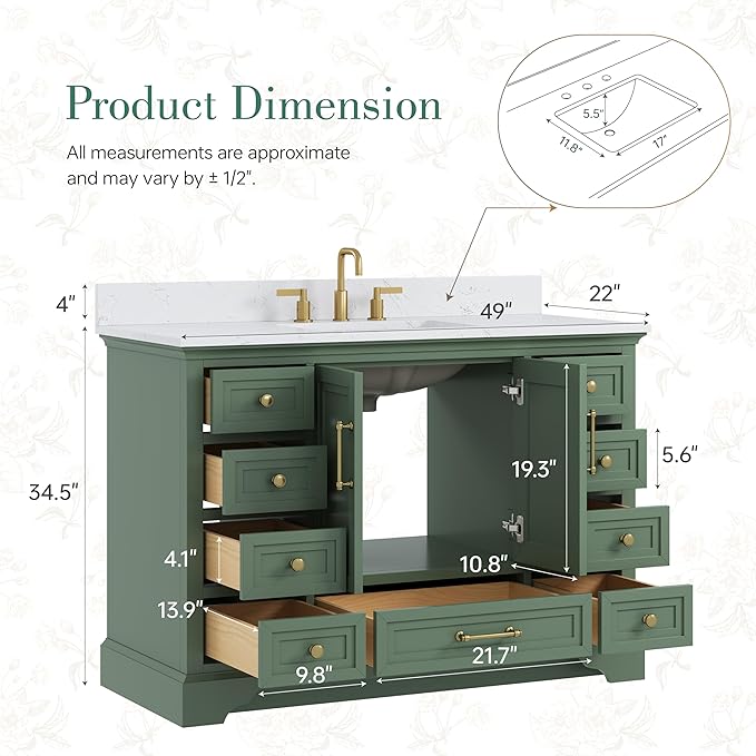48 Inch Bathroom Vanity with Sink, Fully Assembled, Green | Bathroom Vanity with Solid Wood Frame, Carrara White Stone Countertop and Backsplash, 9 Soft-Close Dovetail Drawers