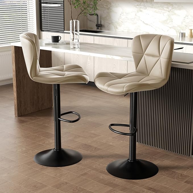 Nalupatio Modern Bar Stools Set of 3, Adjustable Faux Leather Upholstered Swivel Bar Stools, Counter Bar Chairs with Back for Kitchen Island, Khaki