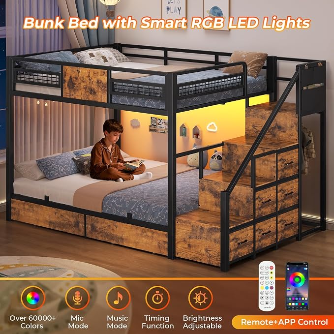 BTHFST Bunk Bed Full Over Full with Stairs, Storage Drawers and LED Lights
