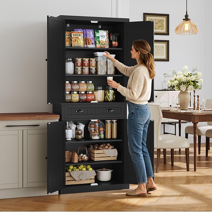 ARTPOWER 72" Tall Kitchen Pantry Storage Cabinet with Drawer and Adjustable Shelves, Pantry Cabinet for Kitchen, Bathroom or Hallway, Black