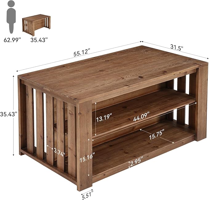 55" Solid Wood Kitchen Island with Storage and Seating, 3-Tier