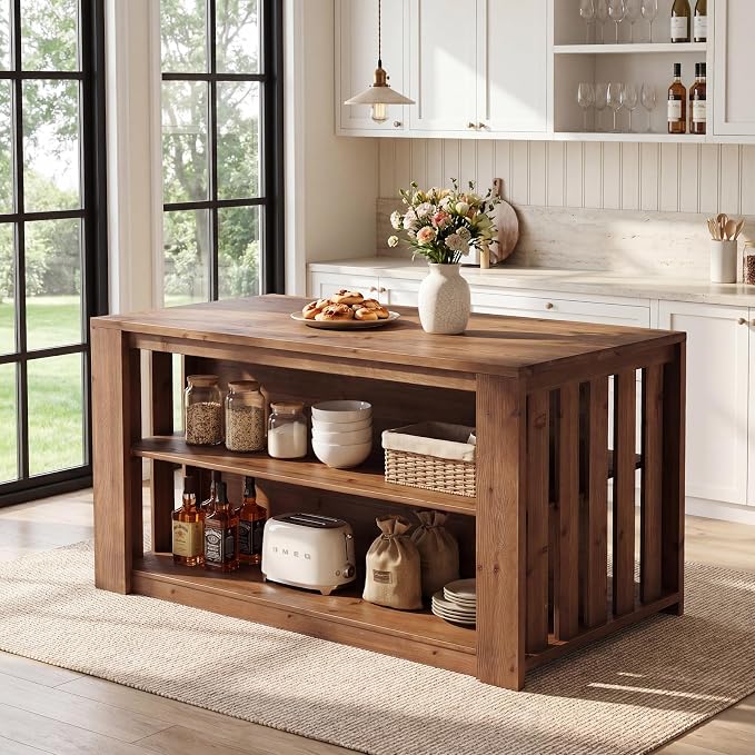 55" Solid Wood Kitchen Island with Storage and Seating, 3-Tier