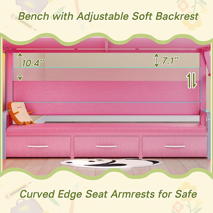 Dnxao Low Loft Bed Full Size with Desk and 9 Storage Drawers for Girls,Pink